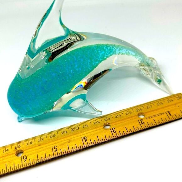 MURANO ART GLASS DOLPHIN PAPERWEIGHT  TURQUOISE BLUE WITH GOLD FLECKS 6” MINT - Picture 6 of 6